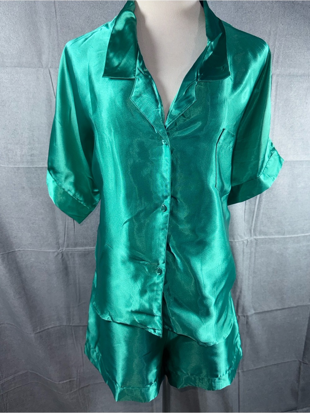 2324-Vintage Samye Newman Silky Short-Sleeve Pajama Set in Teal